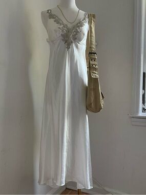 Vintage White Satin Slip Dress with Lace Appliqué